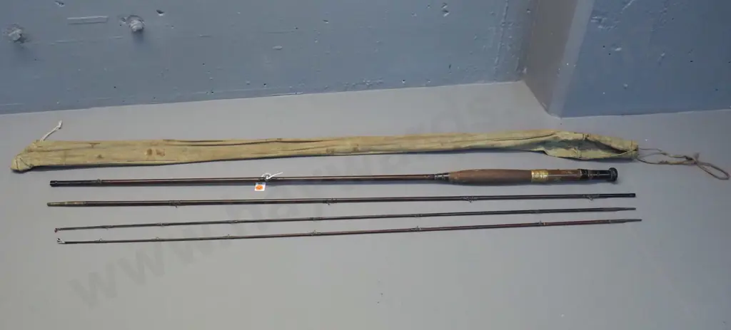 vintage P.D. Malloch Scottish 3-piece timber fly fishing rod with 2 tip sections and canvas bag Image 1++