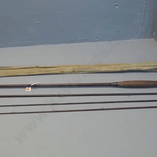 vintage P.D. Malloch Scottish 3-piece timber fly fishing rod with 2 tip sections and canvas bag