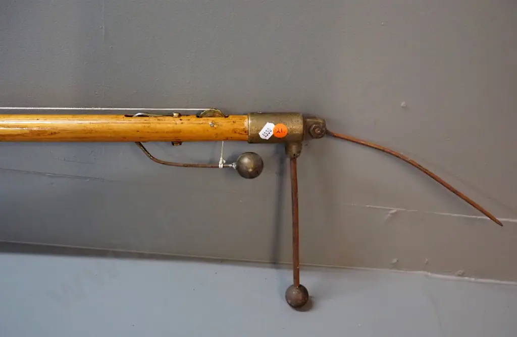 mystery object - long wooden pole with brass fittings, spring action knob, cording, spike on end etc. L-2040 Image 1++