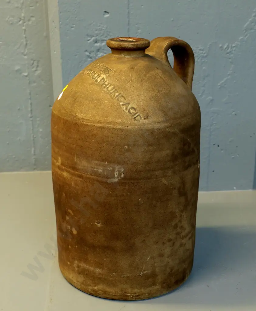 vintage narrow-mouth handled crock marked NZ Farmers Fertiliser Co. Ltd. Sulfuric Acid H-420 D-250 Image 1++