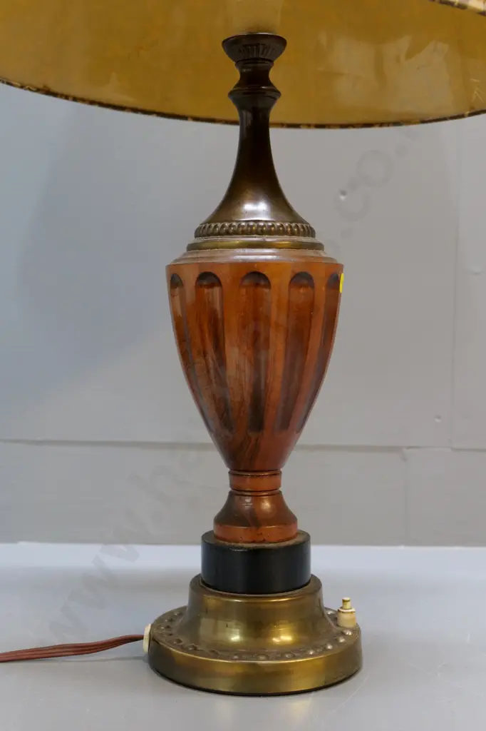 timber & brass urn-shaped table lamp with patterned shade H-760 Diameter 440 Image 1++