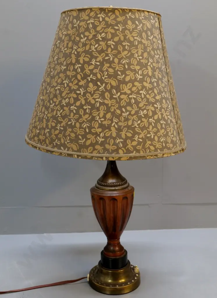 timber & brass urn-shaped table lamp with patterned shade H-760 Diameter 440 Image 1++