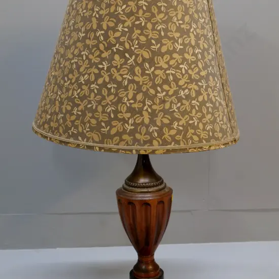 timber & brass urn-shaped table lamp with patterned shade H-760 Diameter 440