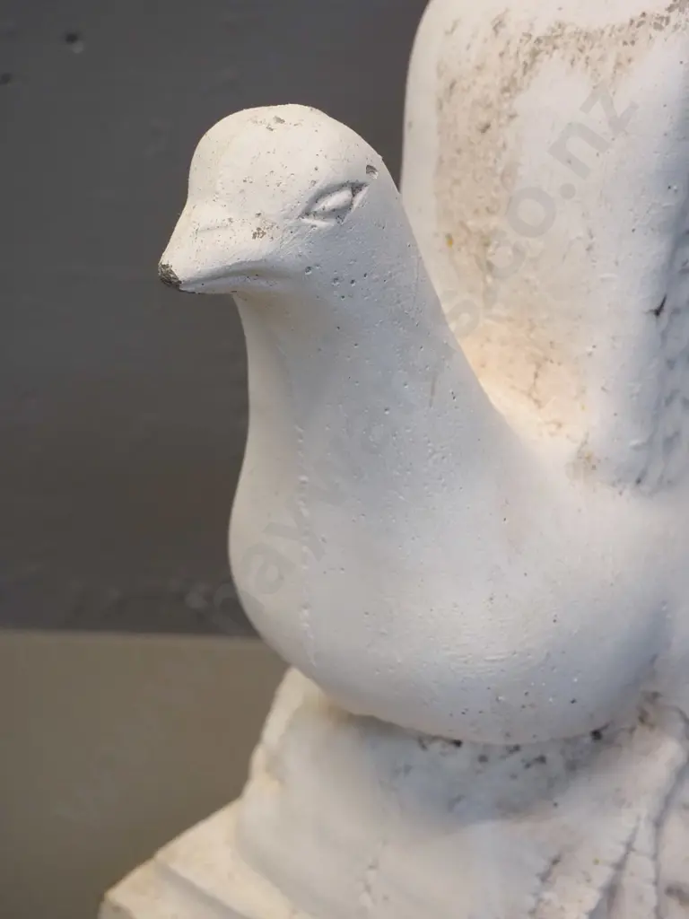 cast concrete garden ornament - stylized dove, painted white, chip to beak H-380 L-290 Image 1++