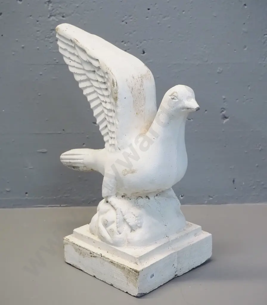 cast concrete garden ornament - stylized dove, painted white, chip to beak H-380 L-290 Image 1++