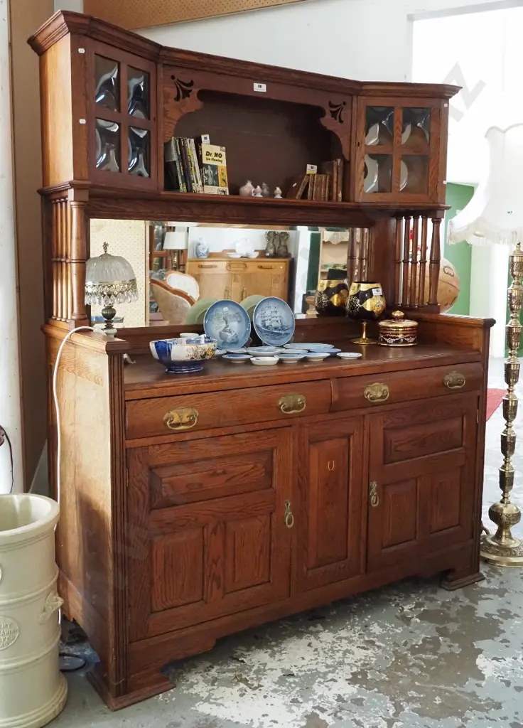 large oak hutch dresser / sideboard with nouveau brass handles, 2 doors, 2 drawers in base, 2 glazed display cabinets & Image 1++