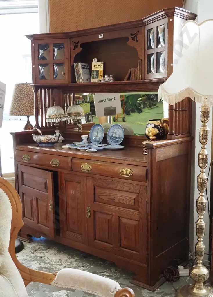 large oak hutch dresser / sideboard with nouveau brass handles, 2 doors, 2 drawers in base, 2 glazed display cabinets & Image 1++