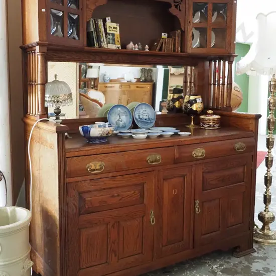 large oak hutch dresser / sideboard with nouveau brass handles, 2 doors, 2 drawers in base, 2 glazed display cabinets &