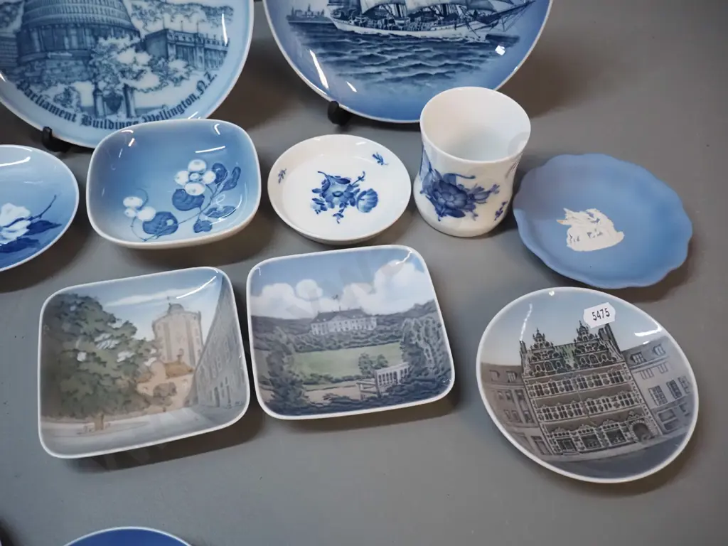Royal Copenhagen pin dishes, collector plate D180, small pot w/dish, 2 Bing & Grondahl plates and a small Wedgwood dish Image 1++