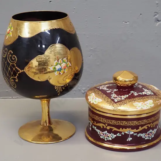 2 pieces of Venetian glass - dark purple large goblet H-250 and a covered pot H-140 D-160