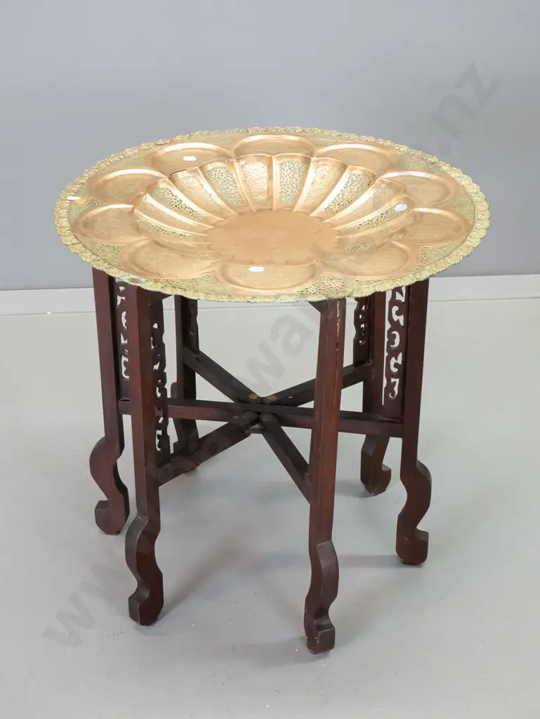 asian collapsible table with carved timber base & beaten brass and copper bowl-shaped top H580 D-580 Image 1++