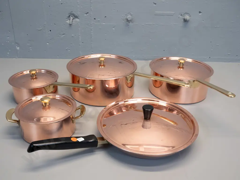 5 Spring / Culinox Switzerland copper clad cooking pots, 4 with brass handles & knobs, all with slight surface wear Image 1++