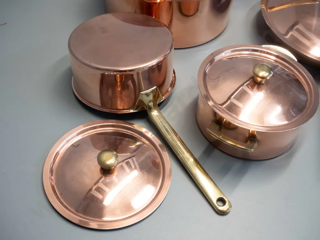 5 Spring / Culinox Switzerland copper clad cooking pots, 4 with brass handles & knobs, all with slight surface wear Image 1++