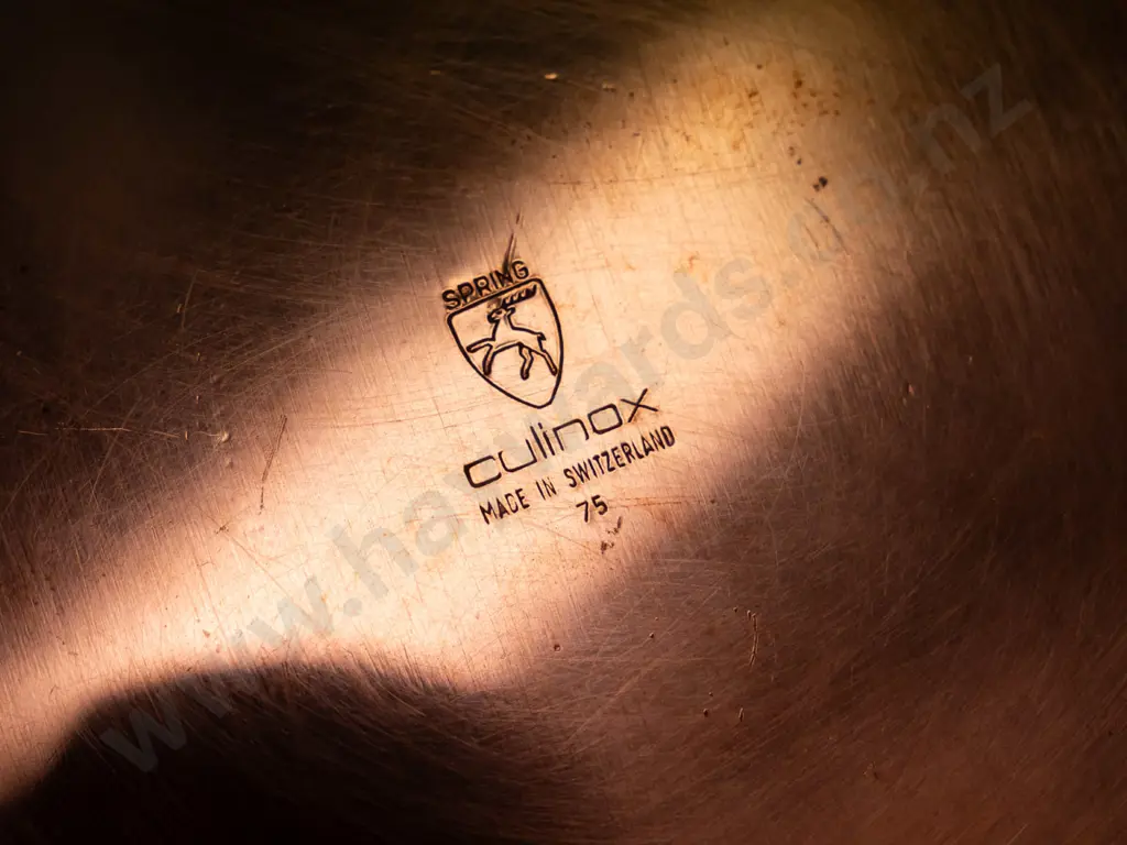 5 Spring / Culinox Switzerland copper clad cooking pots, 4 with brass handles & knobs, all with slight surface wear Image 1++