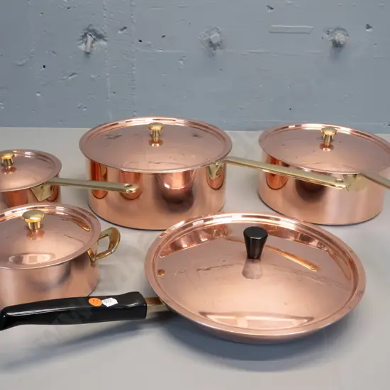 5 Spring / Culinox Switzerland copper clad cooking pots, 4 with brass handles & knobs, all with slight surface wear