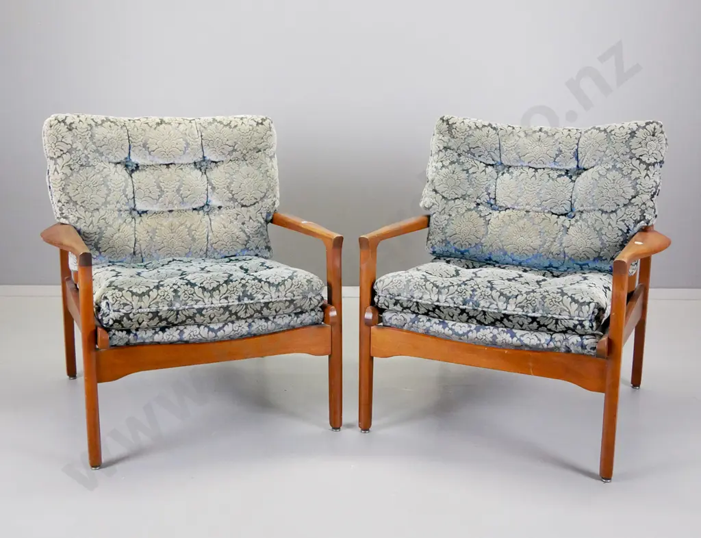 pair of mid-century mahogany framed lounge chairs covered in embossed blue velvet H-790 W-720 D-680 Image 1++