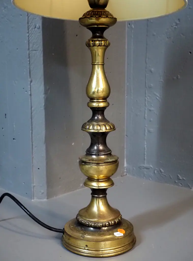 cast brass table lamp - some pitting to brass, marks to parchment fabric shade H-640 D-300 Image 1++