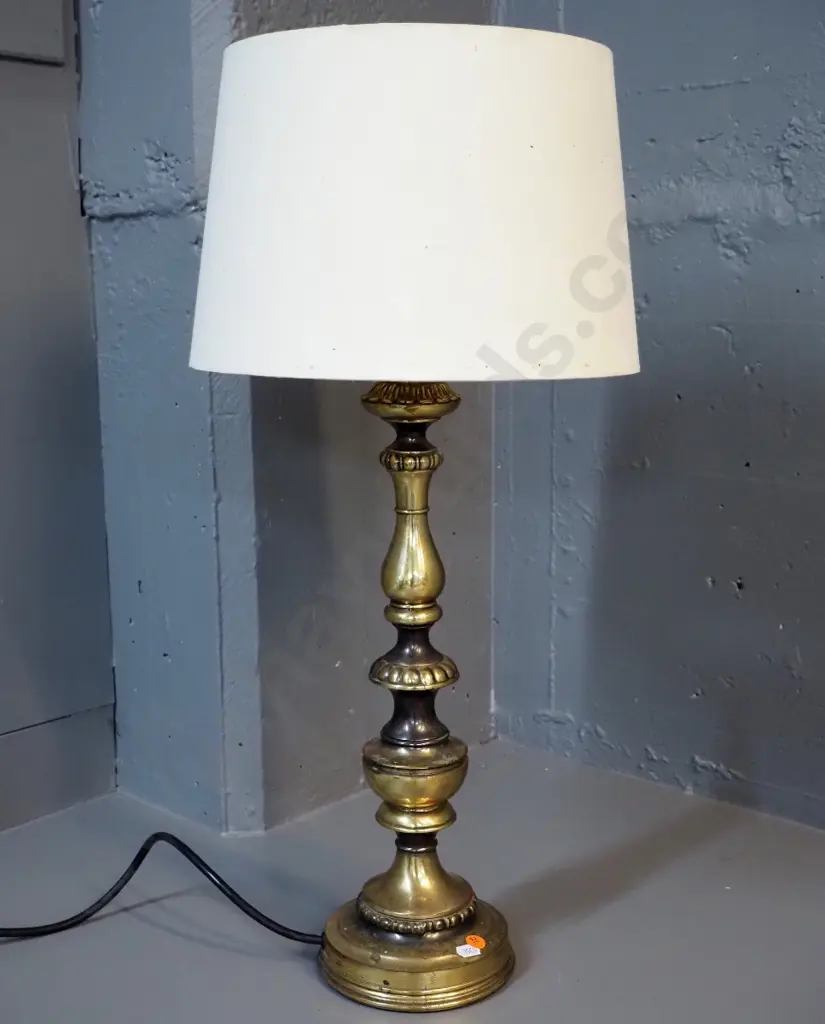 cast brass table lamp - some pitting to brass, marks to parchment fabric shade H-640 D-300 Image 1++