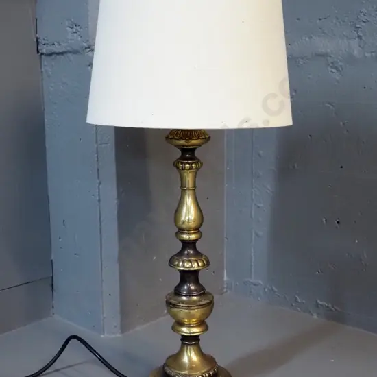 cast brass table lamp - some pitting to brass, marks to parchment fabric shade H-640 D-300