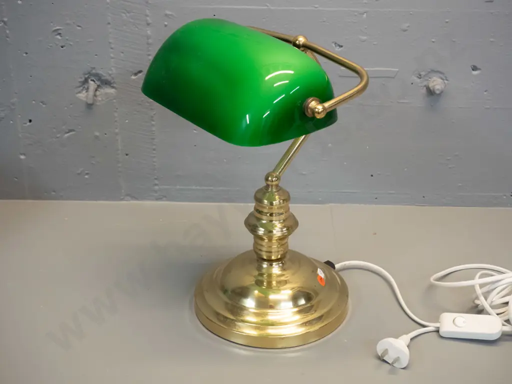 contemporary brass banker's lamp with green glass shade - minor pitting to brass H-380 W-260 Image 1++