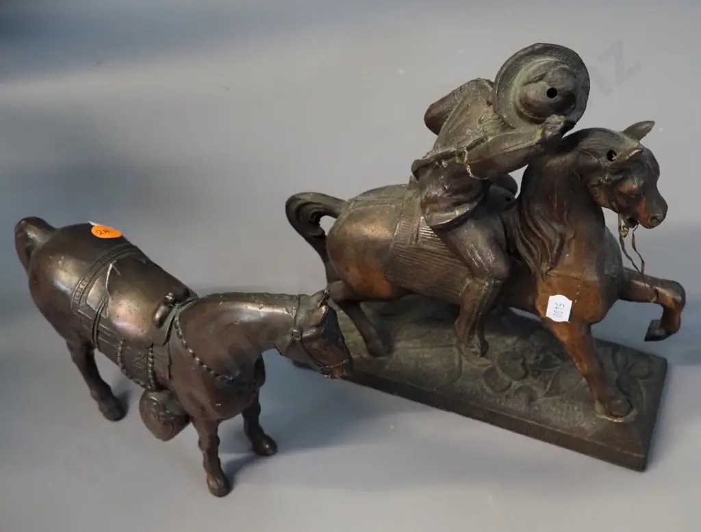 2 spelter horse figurines with copper finish - both with missing or damaged attachments - larger w/rider is H-240 L-200 Image 1++