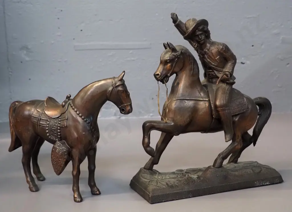 2 spelter horse figurines with copper finish - both with missing or damaged attachments - larger w/rider is H-240 L-200 Image 1++
