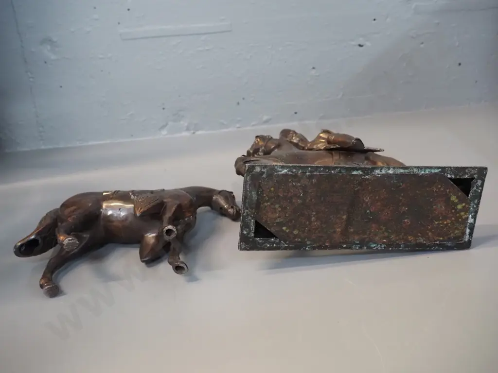 2 spelter horse figurines with copper finish - both with missing or damaged attachments - larger w/rider is H-240 L-200 Image 1++