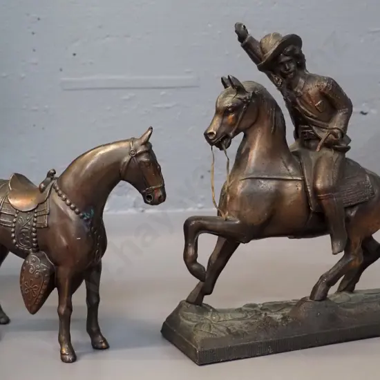 2 spelter horse figurines with copper finish - both with missing or damaged attachments - larger w/rider is H-240 L-200