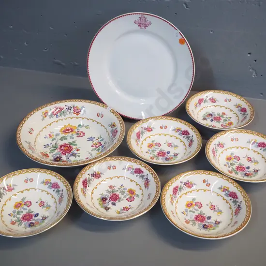 vintage Wilkinsons "Shalimar" pattern fruit set and Limoges dinner plate with Grand Hotel Auckland logo D-240