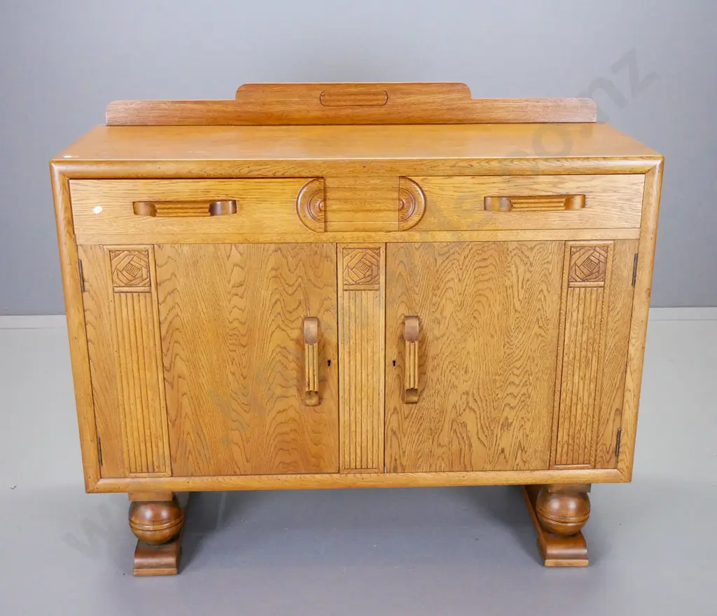 deco oak sideboard with 2 doors, 2 drawers, carved stylized rose motifs, large ball feet H-1030 W-1215 D-590 Image 1++