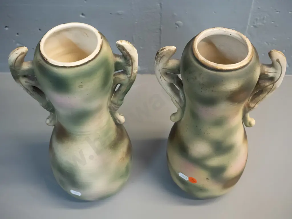 pair of unmarked Victorian Japanese?  double handled vases, floral motifs - some wear to finish around tops H320 W170 Image 1++