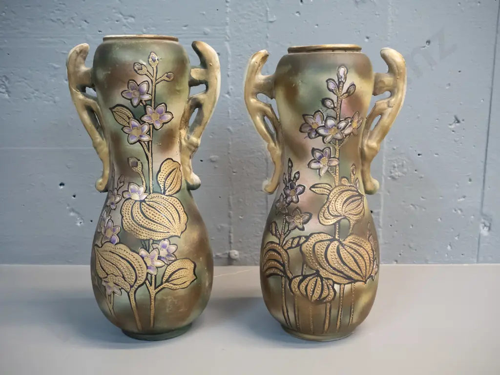 pair of unmarked Victorian Japanese?  double handled vases, floral motifs - some wear to finish around tops H320 W170 Image 1++
