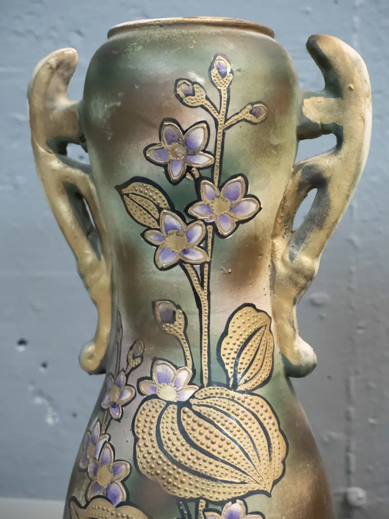 pair of unmarked Victorian Japanese?  double handled vases, floral motifs - some wear to finish around tops H320 W170 Image 1++