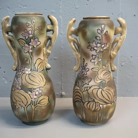 pair of unmarked Victorian Japanese?  double handled vases, floral motifs - some wear to finish around tops H320 W170