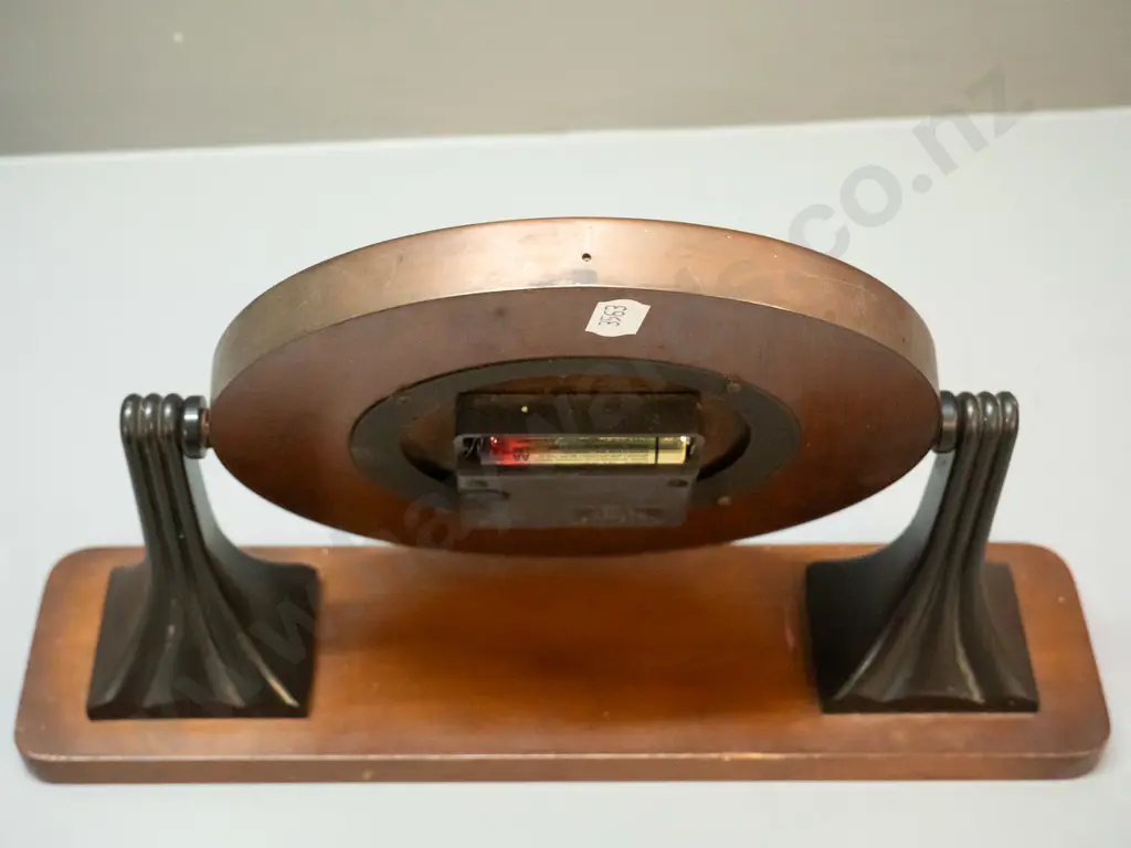 deco Smiths mantel clock in tilting bakelite, timber, copper and polished metal case, movement replaced with quartz Image 1++
