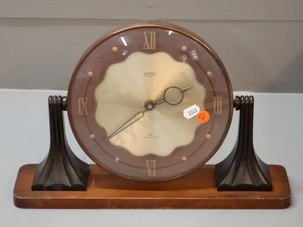deco Smiths mantel clock in tilting bakelite, timber, copper and polished metal case, movement replaced with quartz Image 1++
