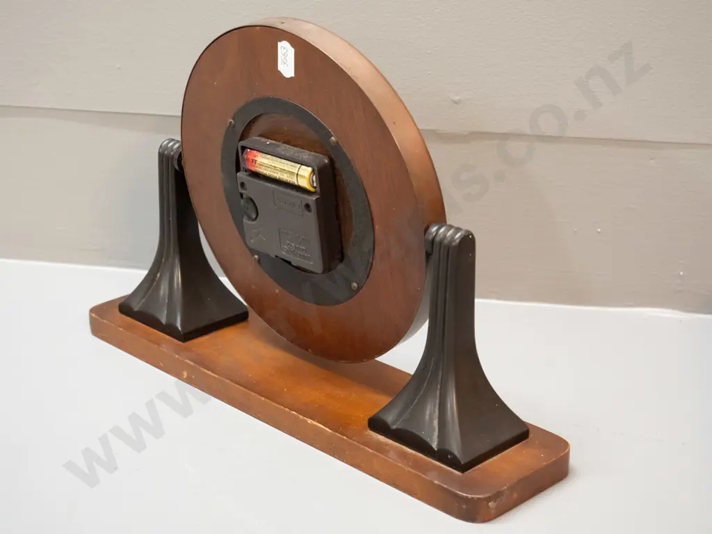 deco Smiths mantel clock in tilting bakelite, timber, copper and polished metal case, movement replaced with quartz Image 1++