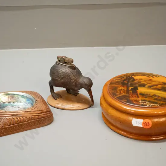 3 New Zealand souvenir items - kiwi lighter and wooden base, pauau ashtray and a Wanganui River round lidded