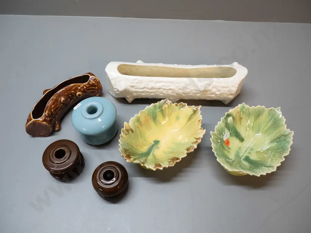 Temuka pottery - one large and one small log flower troughs, large is H75 L310, 2 footed leaf dishes, 3 insulators Image 1++
