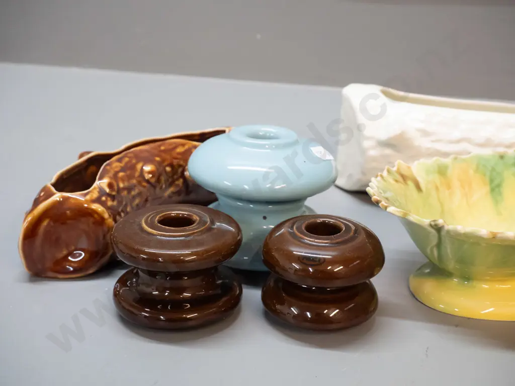 Temuka pottery - one large and one small log flower troughs, large is H75 L310, 2 footed leaf dishes, 3 insulators Image 1++