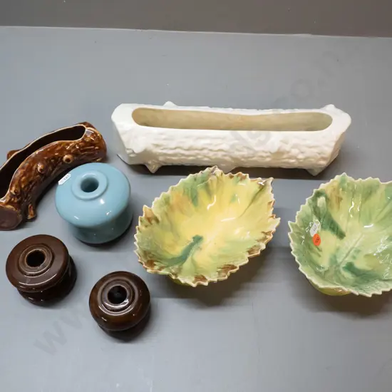 Temuka pottery - one large and one small log flower troughs, large is H75 L310, 2 footed leaf dishes, 3 insulators