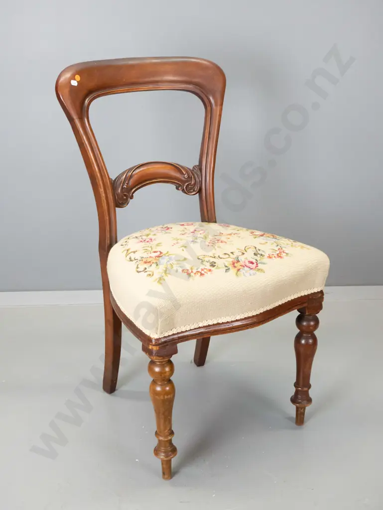 Victorian mahogany framed balloon back dining chair with carved back, seat in petit-point tapestry H880 W480 D440 Image 1++