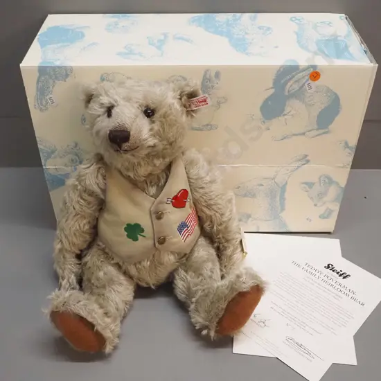 Steiff teddy bear in original box with certificate - "Teddy Poverman" limited edition of 1500. H-300 sitting