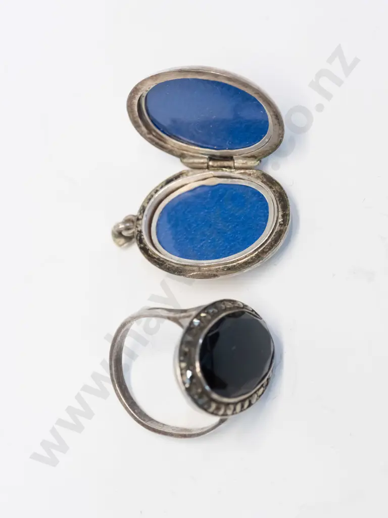 silver ring [stamped sterling] & silver locket no chain stamped anchor, lion & ? Image 1++