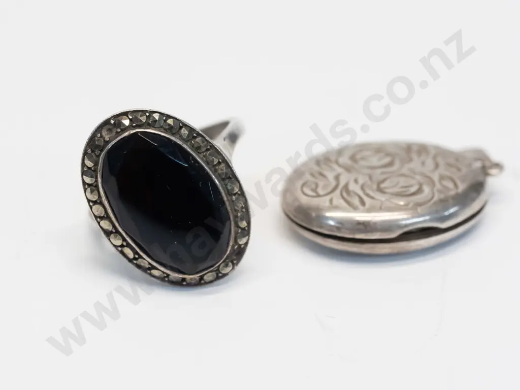 silver ring [stamped sterling] & silver locket no chain stamped anchor, lion & ? Image 1++