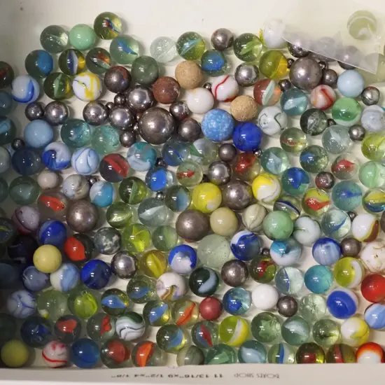 assorted vintage glass and stone marbles, including one uranium glass, some metal bearings, etc.