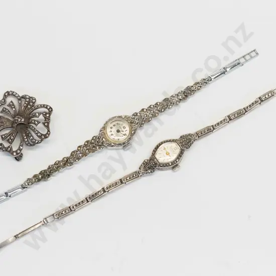 marcasite brooch & 2 marcasite watches