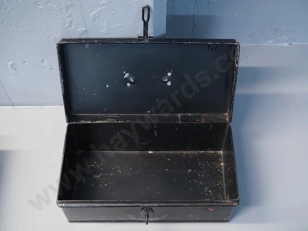 vintage metal cash box with brass handle with hand painted J.E. Bone, some loss to black paint H130 W310 D155 Image 1++