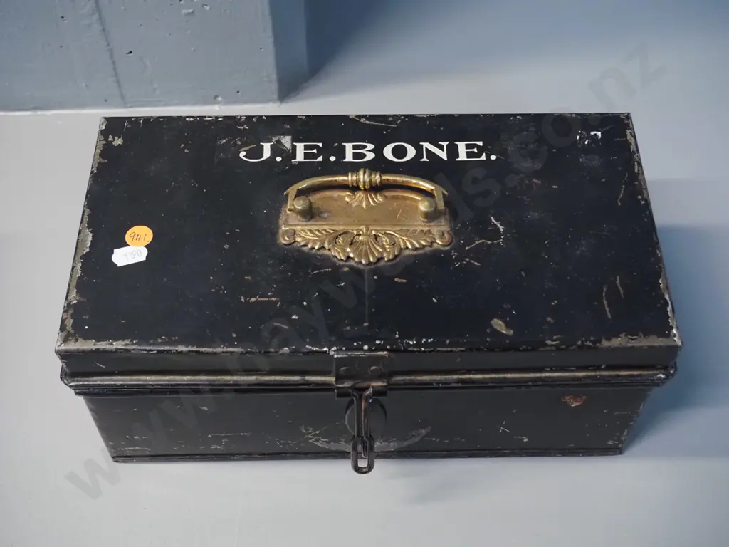 vintage metal cash box with brass handle with hand painted J.E. Bone, some loss to black paint H130 W310 D155 Image 1++