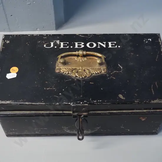 vintage metal cash box with brass handle with hand painted J.E. Bone, some loss to black paint H130 W310 D155
